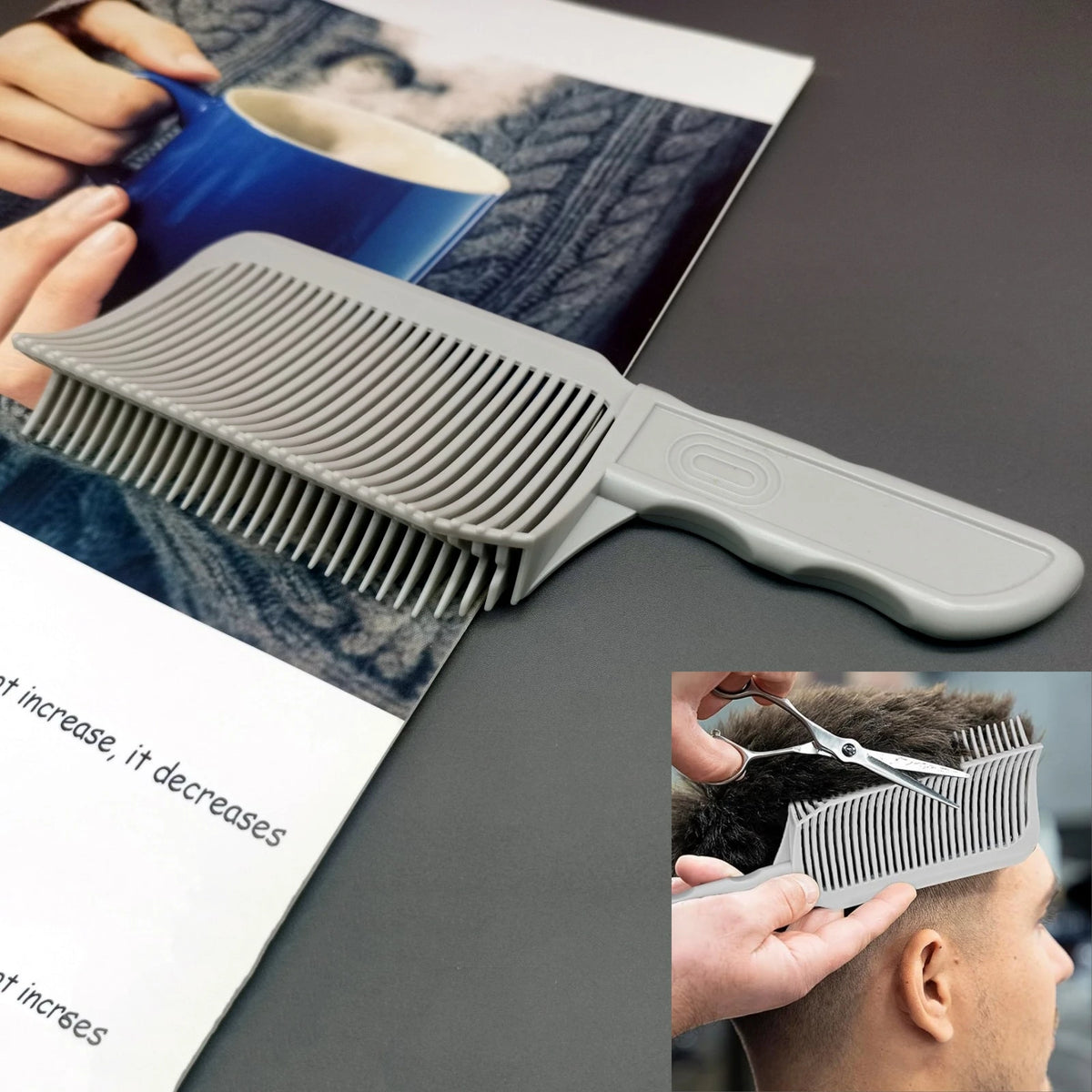 A gray flat top hair cutting comb is shown next to a cup and a magazine, with another comb being used on a person's hair.