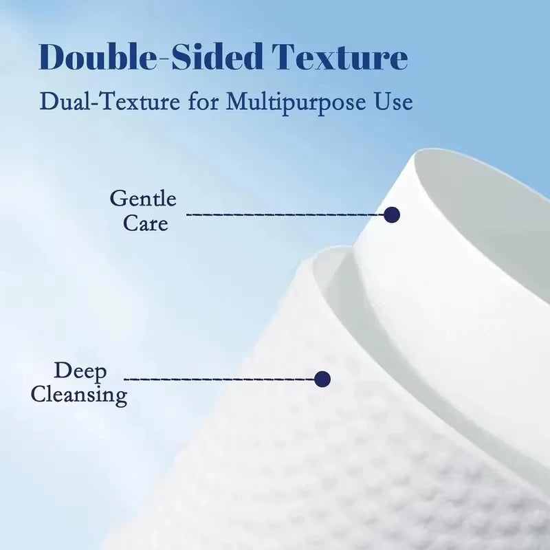Close-up of a white double-sided texture face towel showing gentle care and deep cleansing sides.