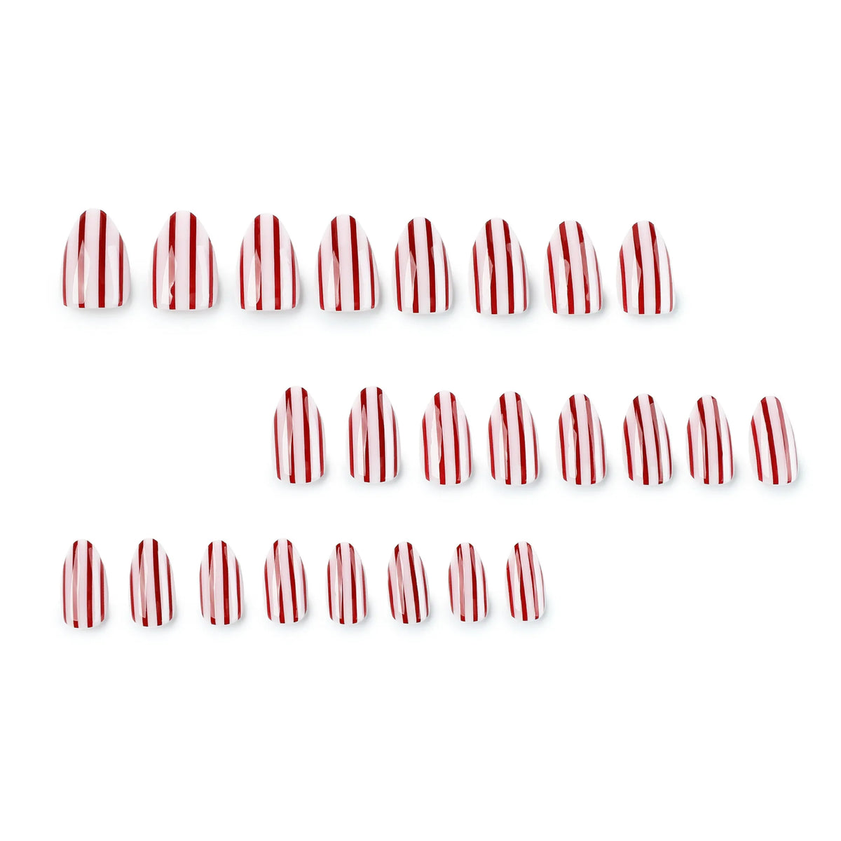 A set of red and white striped press-on nails in an almond shape.