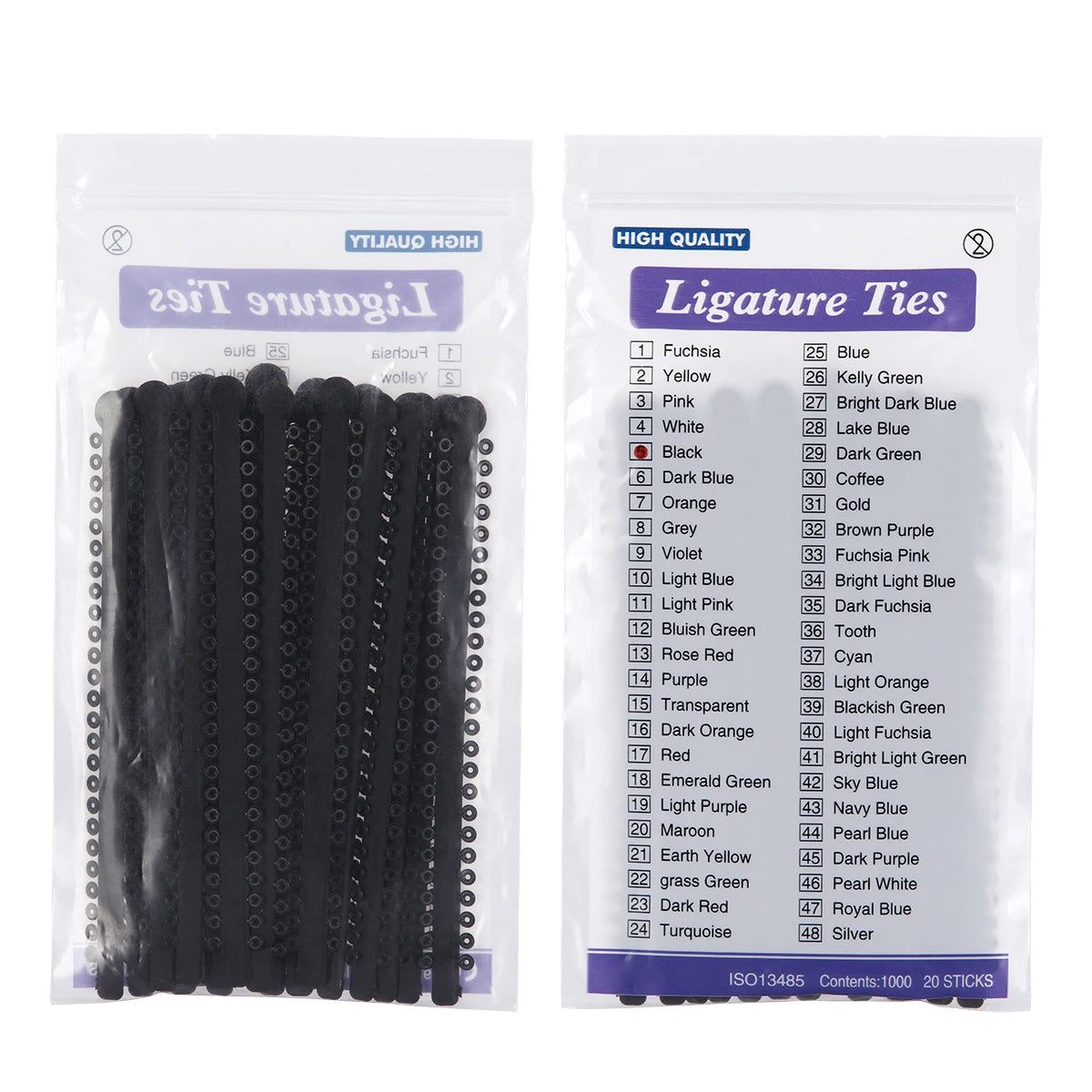 Pack of 20 ligature ties in various colors for dental orthodontic use