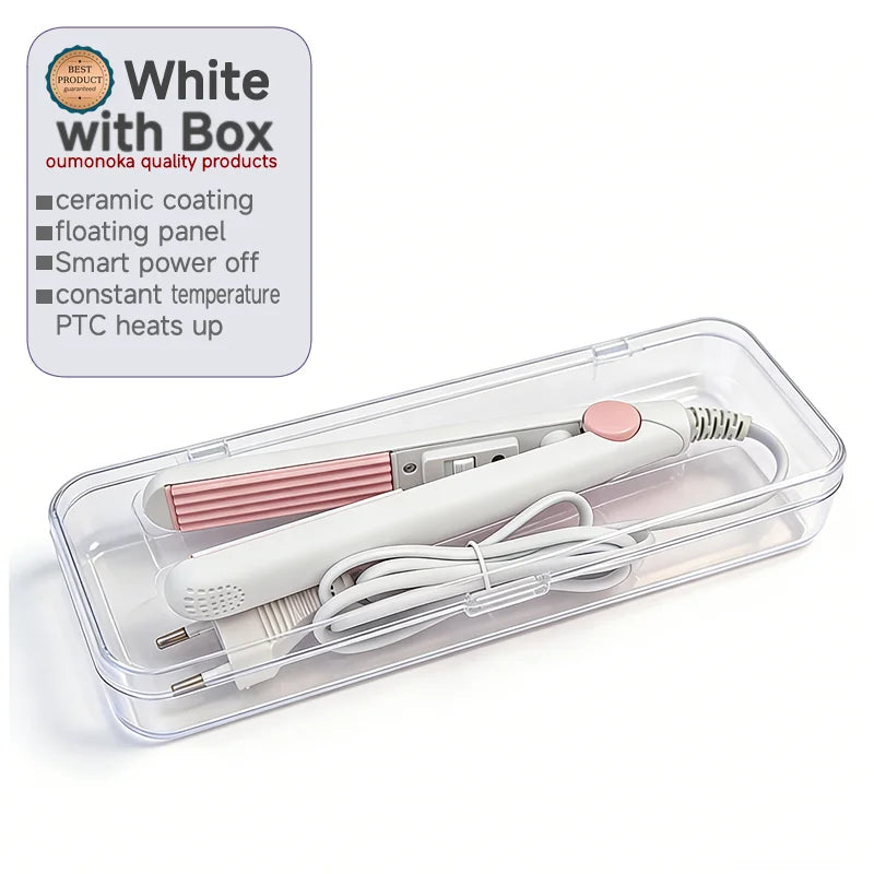 A white ceramic hair curler and straightener with a box packaging is shown inside a clear plastic container.