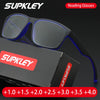 A pair of black reading glasses from SUPKLEY brand displayed next to its packaging.