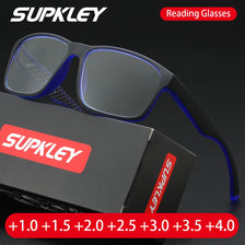Une paire de lunettes de lecture noires de la marque SUPKLEY affichées à côté de leur emballage.