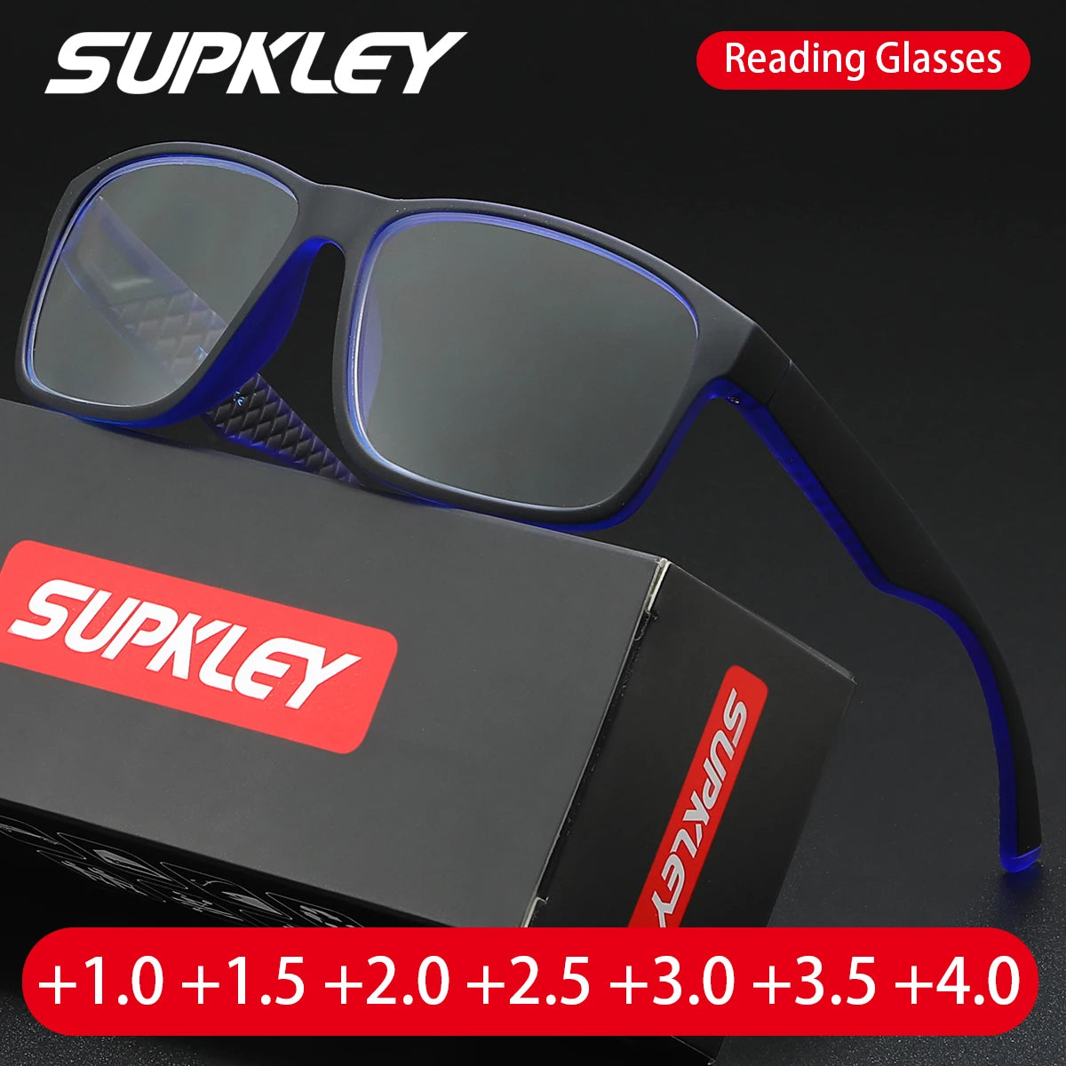 A pair of black reading glasses from SUPKLEY brand displayed next to its packaging.