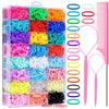 A clear plastic container filled with 1500 colorful hair ties in various colors and textures for styling and braiding