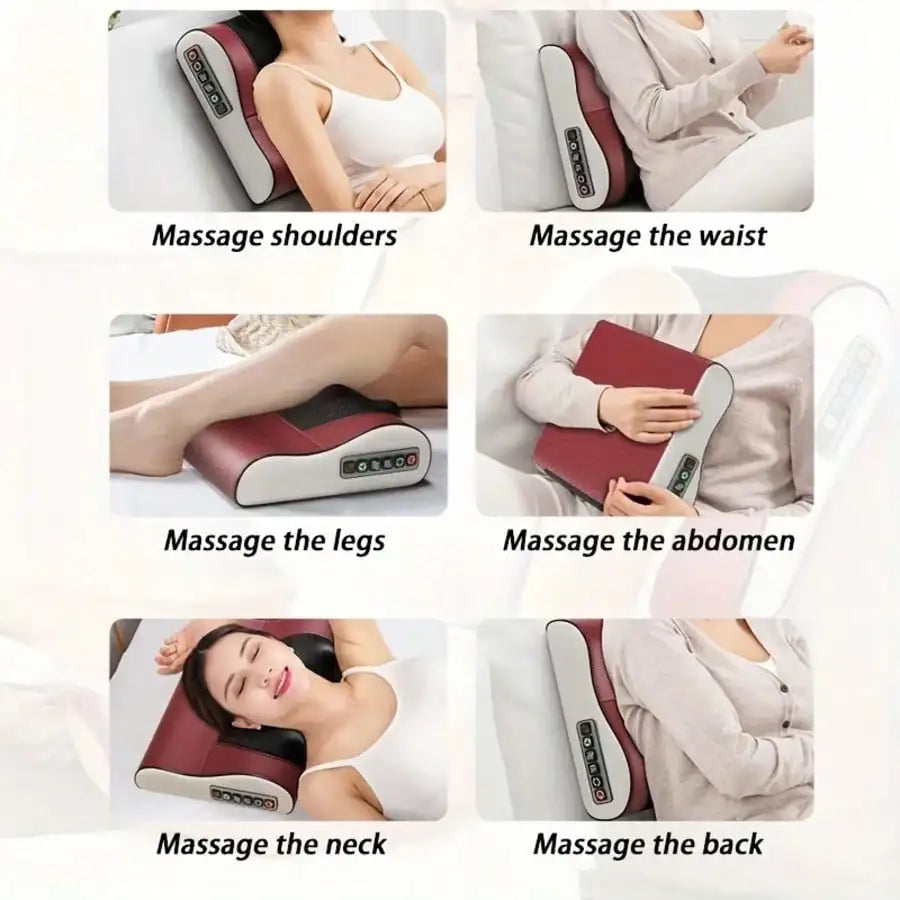 Various shots show a deep tissue electric massager being used to massage the shoulders, waist, legs, abdomen, neck, and back.