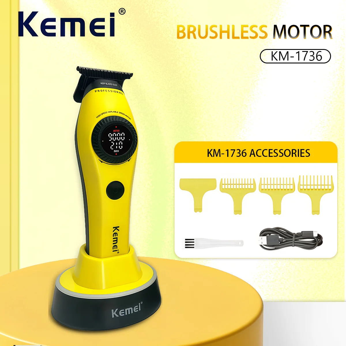 A yellow Kemei brushless motor hair clipper with accessories displayed on a light background.