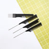 A set of black professional stainless steel hair tail combs displayed on a yellow grid background.