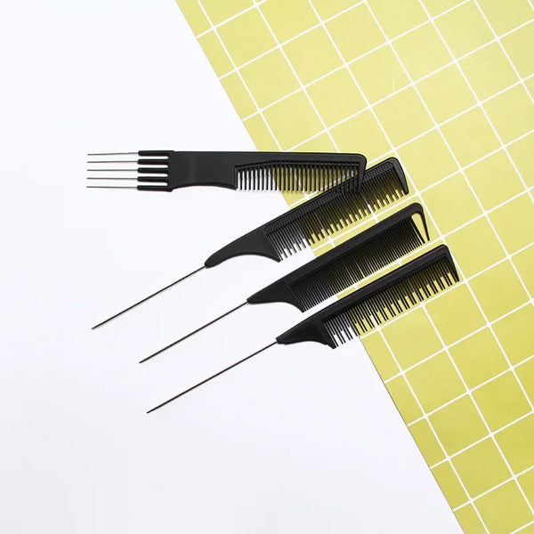 A set of black professional stainless steel hair tail combs displayed on a yellow grid background.