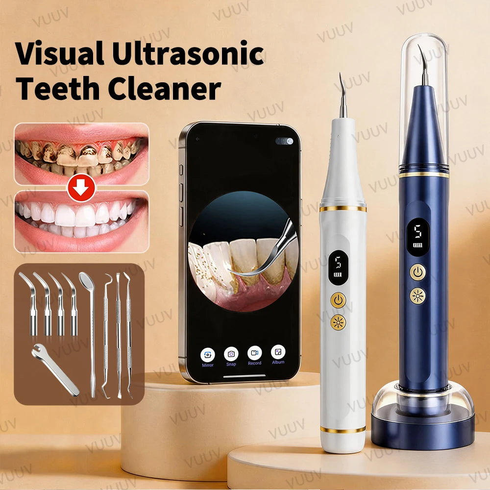 A visual ultrasonic teeth cleaner device shown next to a smartphone and dental models.