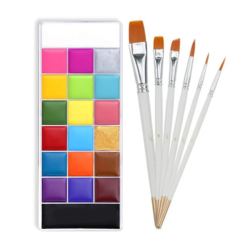 A set of 20 non-toxic body paint colors displayed in a rectangular palette and accompanied by various paintbrushes.