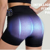 A person wearing black intelligent fitness pants with glowing blue light on the buttocks.