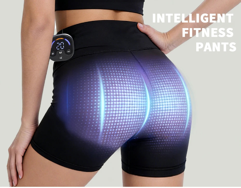 A person wearing black intelligent fitness pants with glowing blue light on the buttocks.
