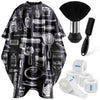 Black barber hair cutting cape and styling accessory set with various tools like scissors combs and brushes