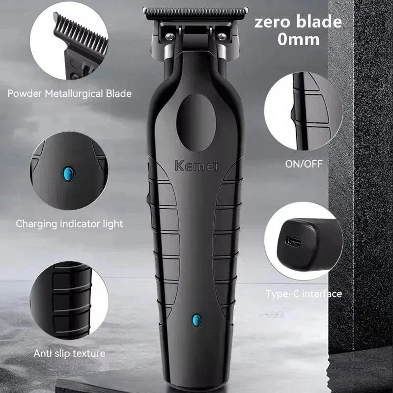 A black professional cordless hair clipper with a zero blade, featuring an ON/OFF switch and Type-C interface.