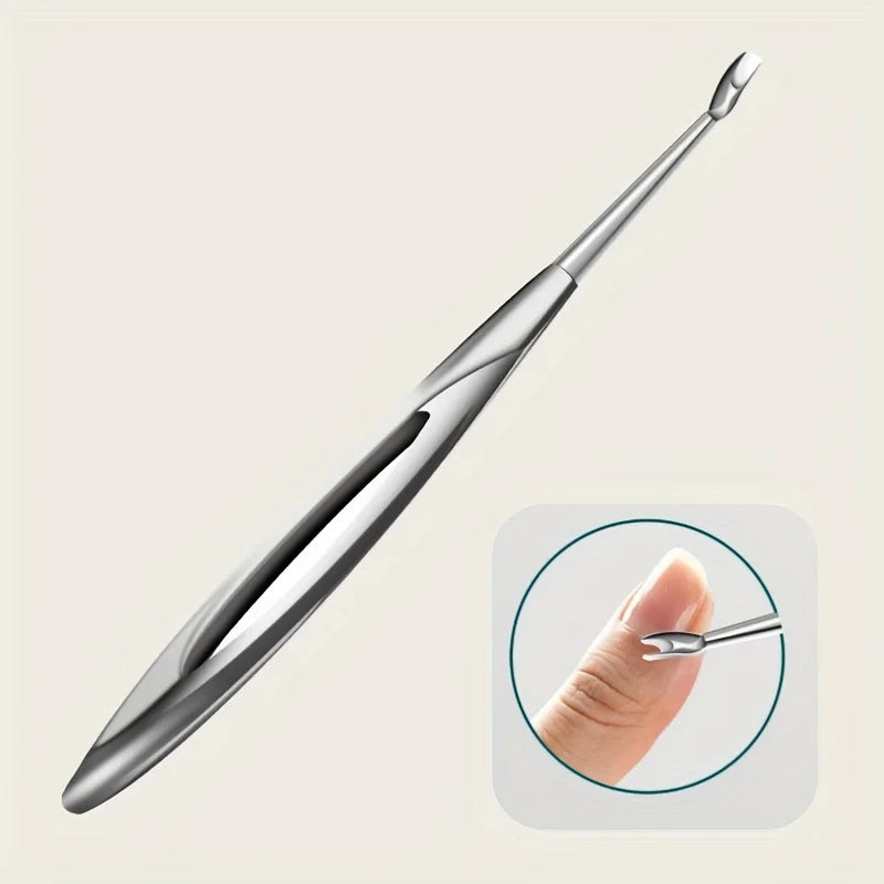 A professional stainless steel cuticle pusher tool shown with a close-up of its tip on a finger.