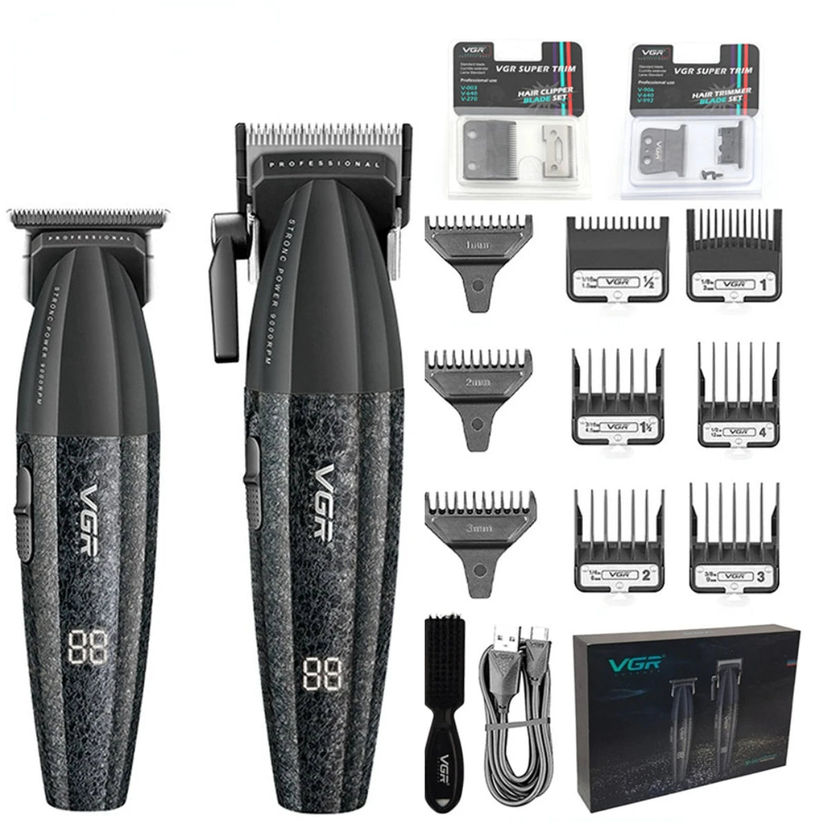 Set professioneller Haarschneider und Trimmer mit verschiedenen Klingen und Aufsätzen