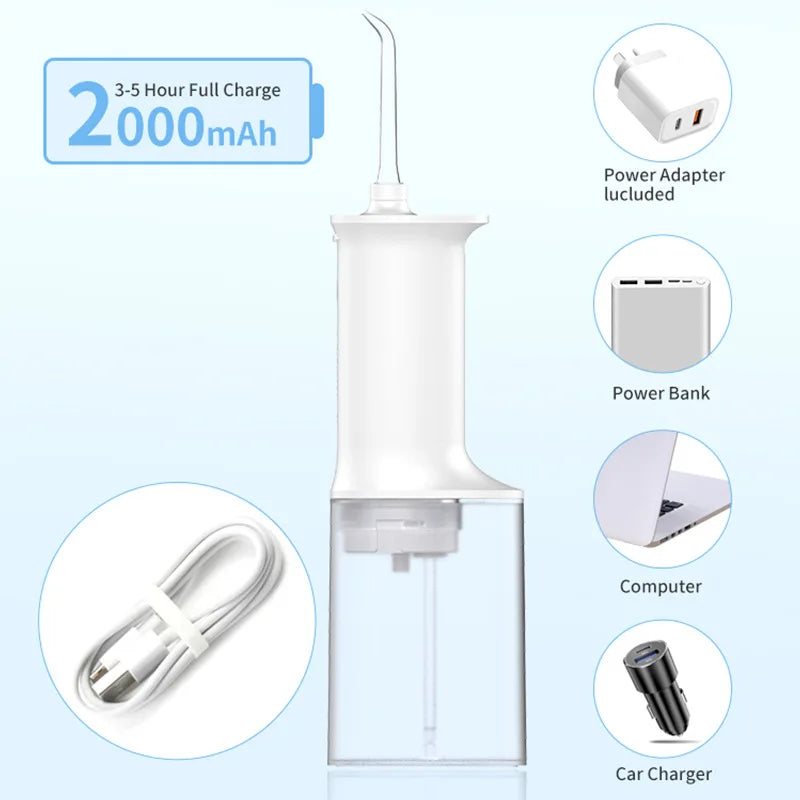 A clear portable dental water flosser device with a white top and power adapter included.