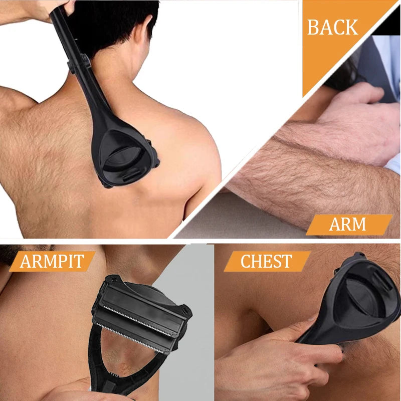 Vista cercana de un afeitador manual negro para retirar vello en la espalda y brazos.