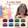 A woman is wearing an 8-color LED light therapy face mask with various colored light beams shining on her face.