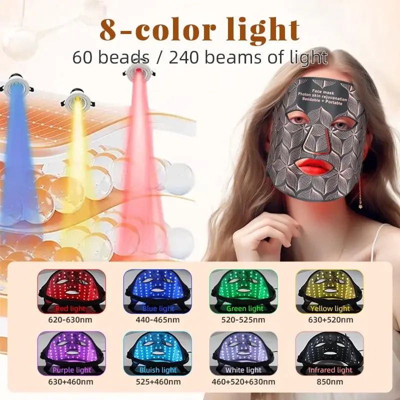A woman is wearing an 8-color LED light therapy face mask with various colored light beams shining on her face.