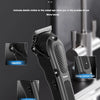 A black professional rechargeable beard and hair trimmer is shown with close-ups of its regulator, power switch, and hook buc