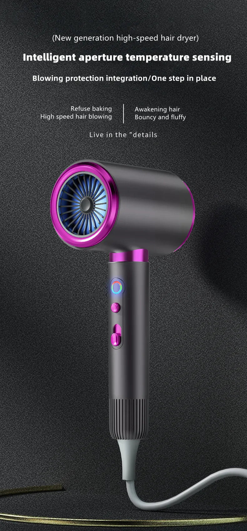 A sleek, dark gray professional high-speed hair dryer with a purple accent and a flexible cord is shown against a black backg