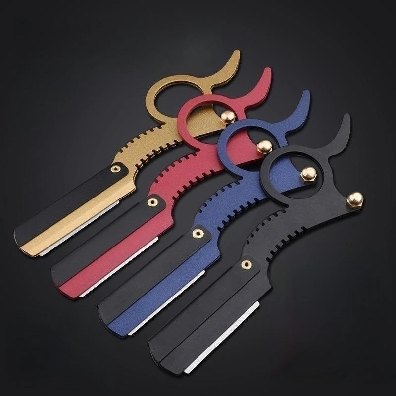 A set of five professional straight edge barber razors with colored handles and blades displayed against a dark background.
