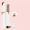 A white automatic electric eyebrow trimmer with a gold accent is shown against a pink background.