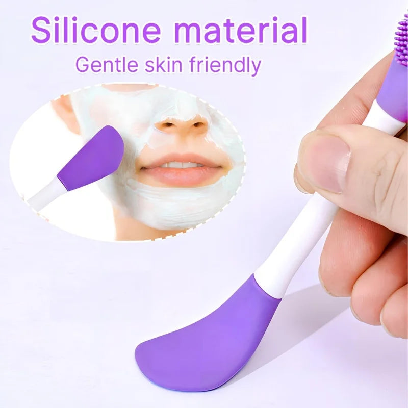 A purple silicone facial mask applicator being used on a person's face for skincare.