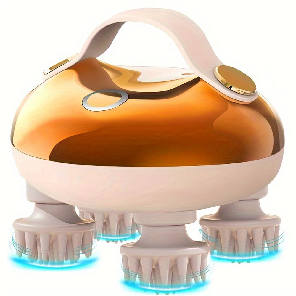 A portable electric scalp massager with a beige top and multiple silicone massage heads visible.