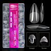 A box of 600 clear acrylic nail tips for fingers, showing various sizes and a single tip in different views.