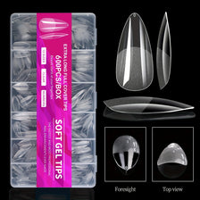 A box of 600 clear acrylic nail tips for fingers, showing various sizes and a single tip in different views.