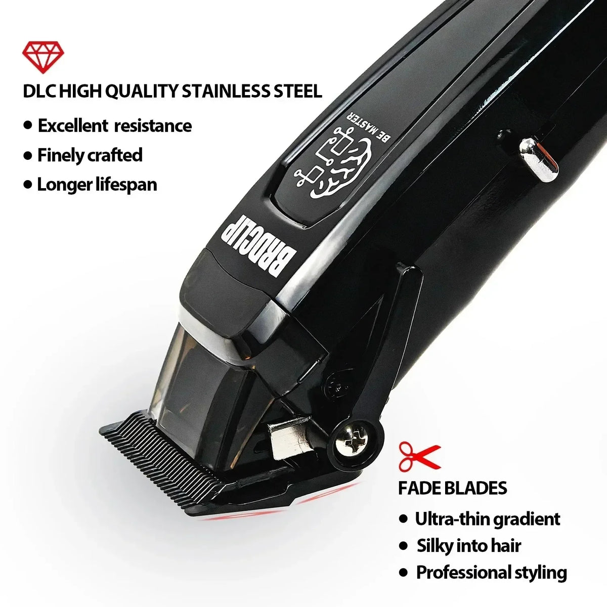 A close-up view of a black electric hair clipper with stainless steel blades and a professional styling attachment.