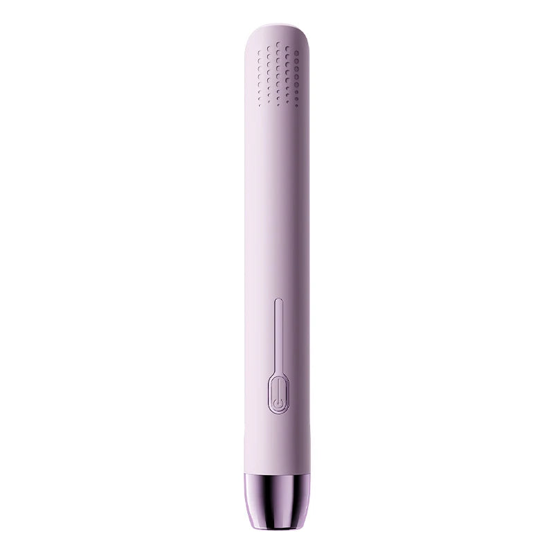A long, slender pink ceramic hair straightener and curler tool.
