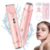A pink double-head electric body shaver is shown next to its packaging and a woman using the device.