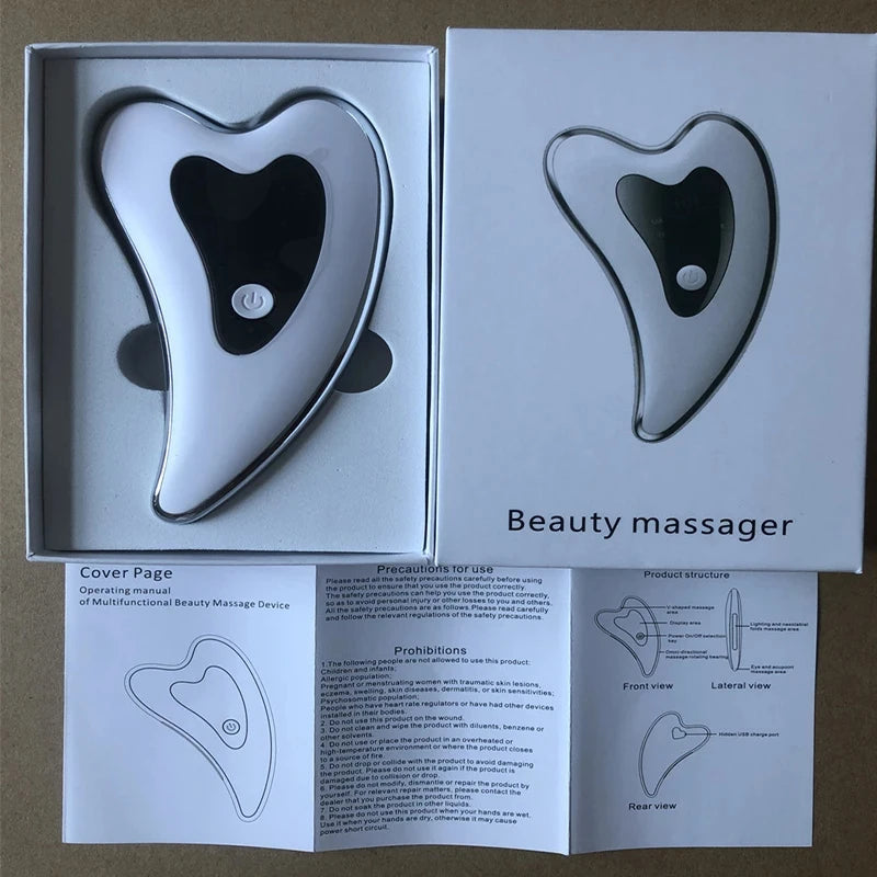 A beauty massager device shown in its packaging box with instructions for use and product structure.