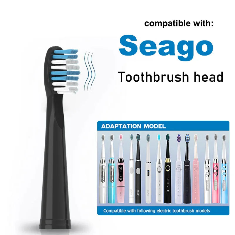 Replacement toothbrush heads for Seago electric toothbrushes shown with various adaptation models.