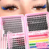 A close-up of a pink and black mixed cluster false eyelash kit with various styles and 390 pieces shown next to an eye.