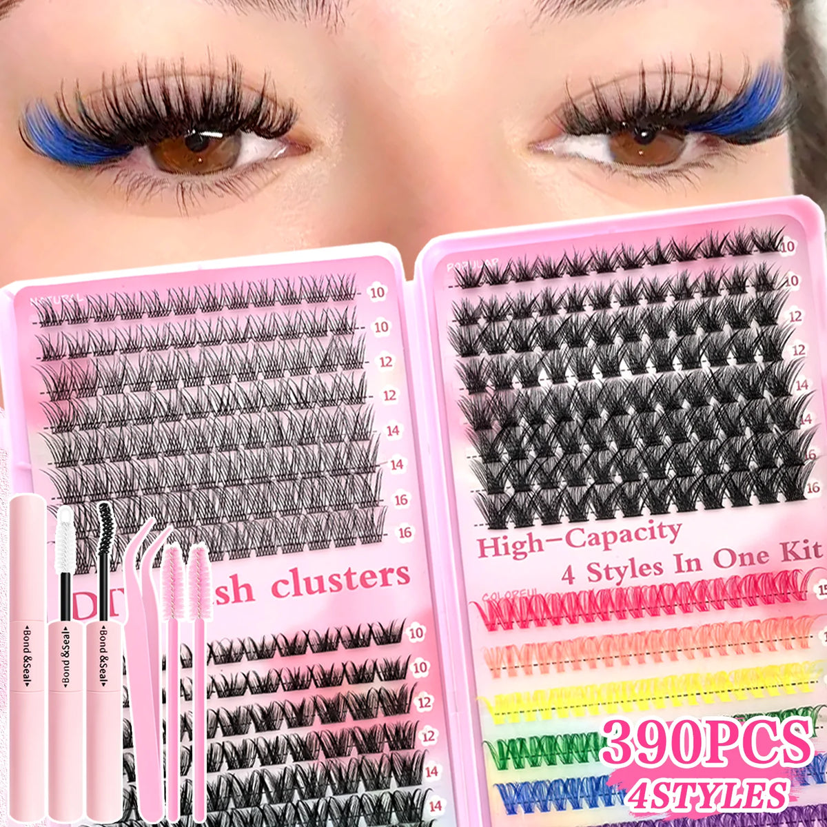 A close-up of a pink and black mixed cluster false eyelash kit with various styles and 390 pieces shown next to an eye.