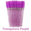 Un paquete de brochas desechables para pestañas de color púrpura transparente.