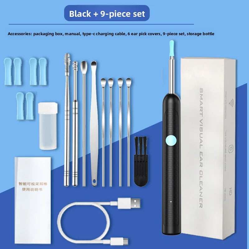 Black 9-piece set for ear cleaning including a package box manual charging cable ear pick covers and storage bottle