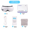 A set of portable Bluetooth eye massager components including the device, packaging box, cable, manual, and storage bag.