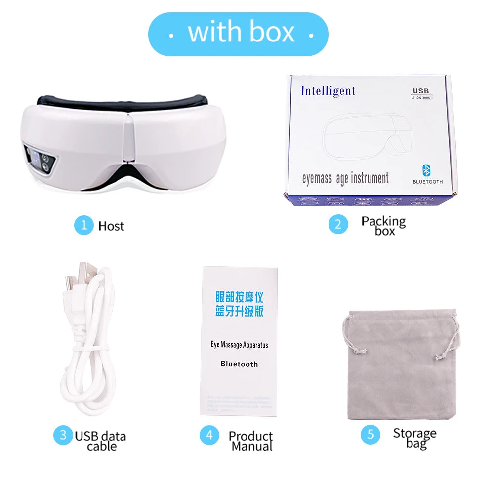 A set of portable Bluetooth eye massager components including the device, packaging box, cable, manual, and storage bag.