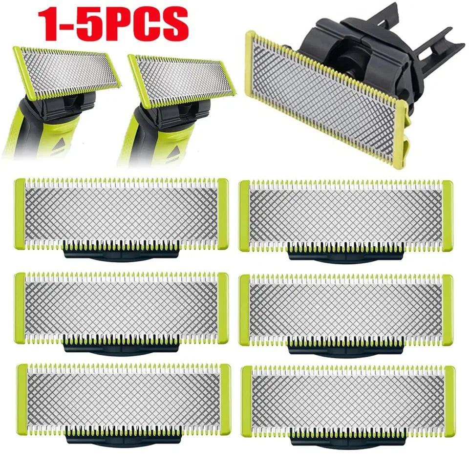 Five replacement shaver blades for electric trimmers shown in various configurations and packaging.