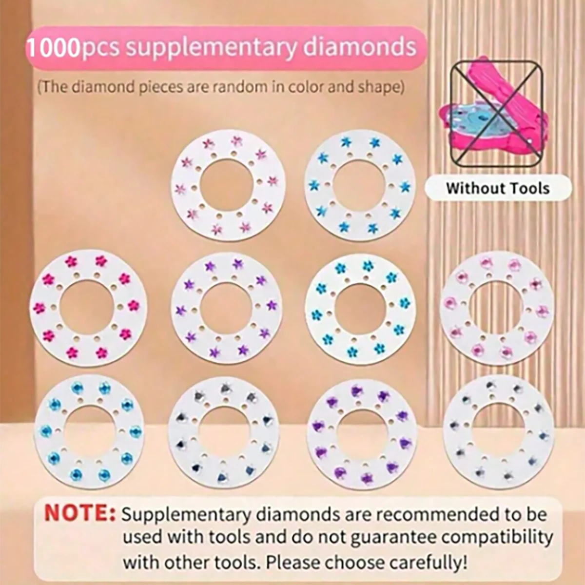 A collection of 1000 pieces of supplementary diamonds in various colors and shapes for hair braiding and jewelry craft