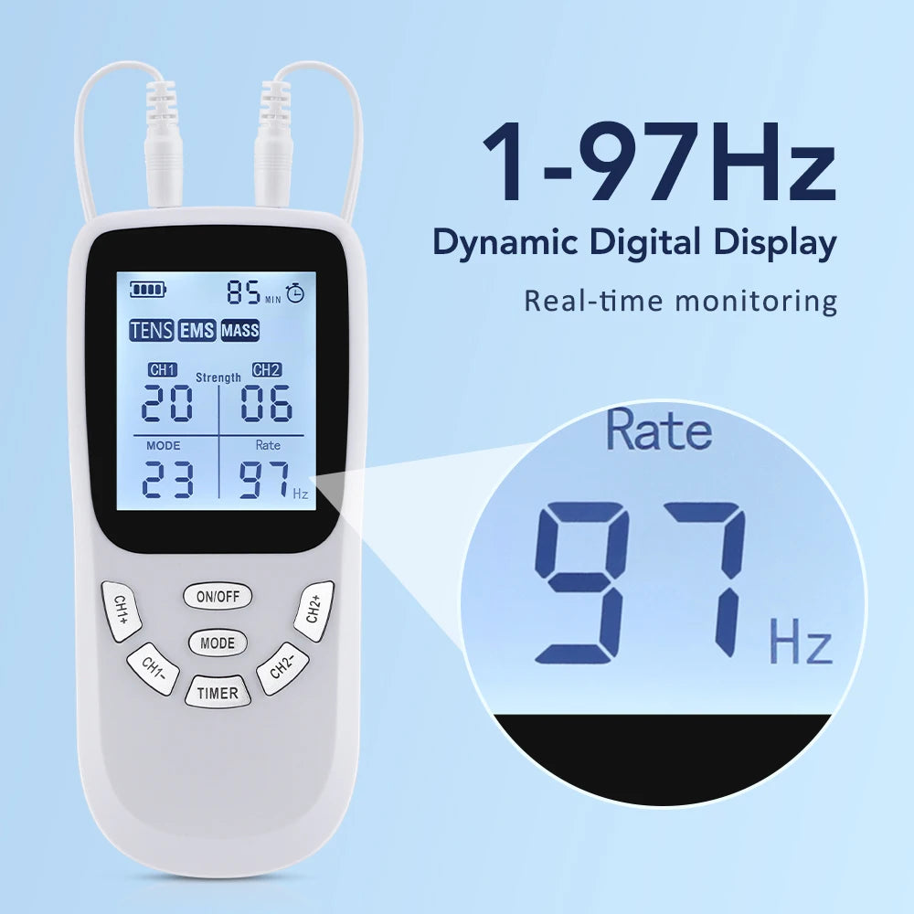 A white portable EMS muscle stimulator device displaying a digital readout of 97Hz.