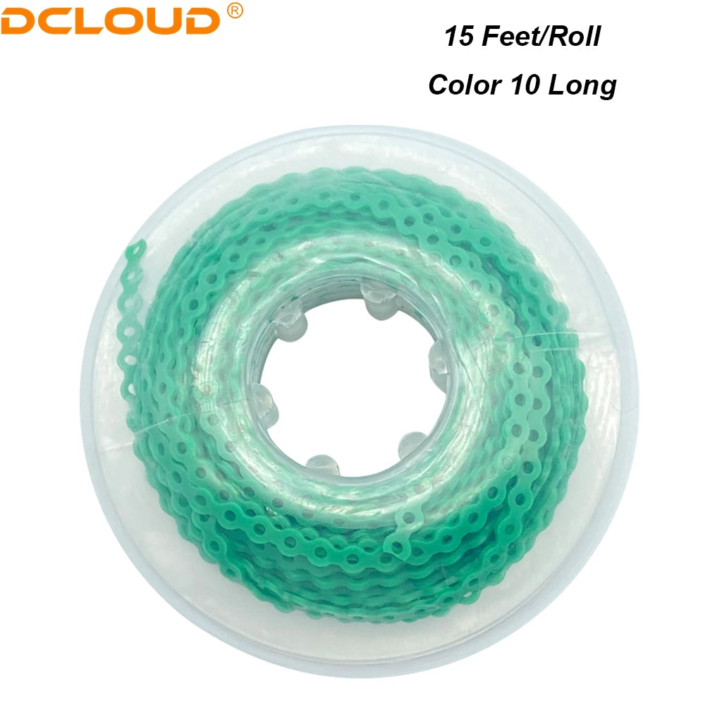 A roll of 15 feet of color 10 long dental orthodontic elastic chains.