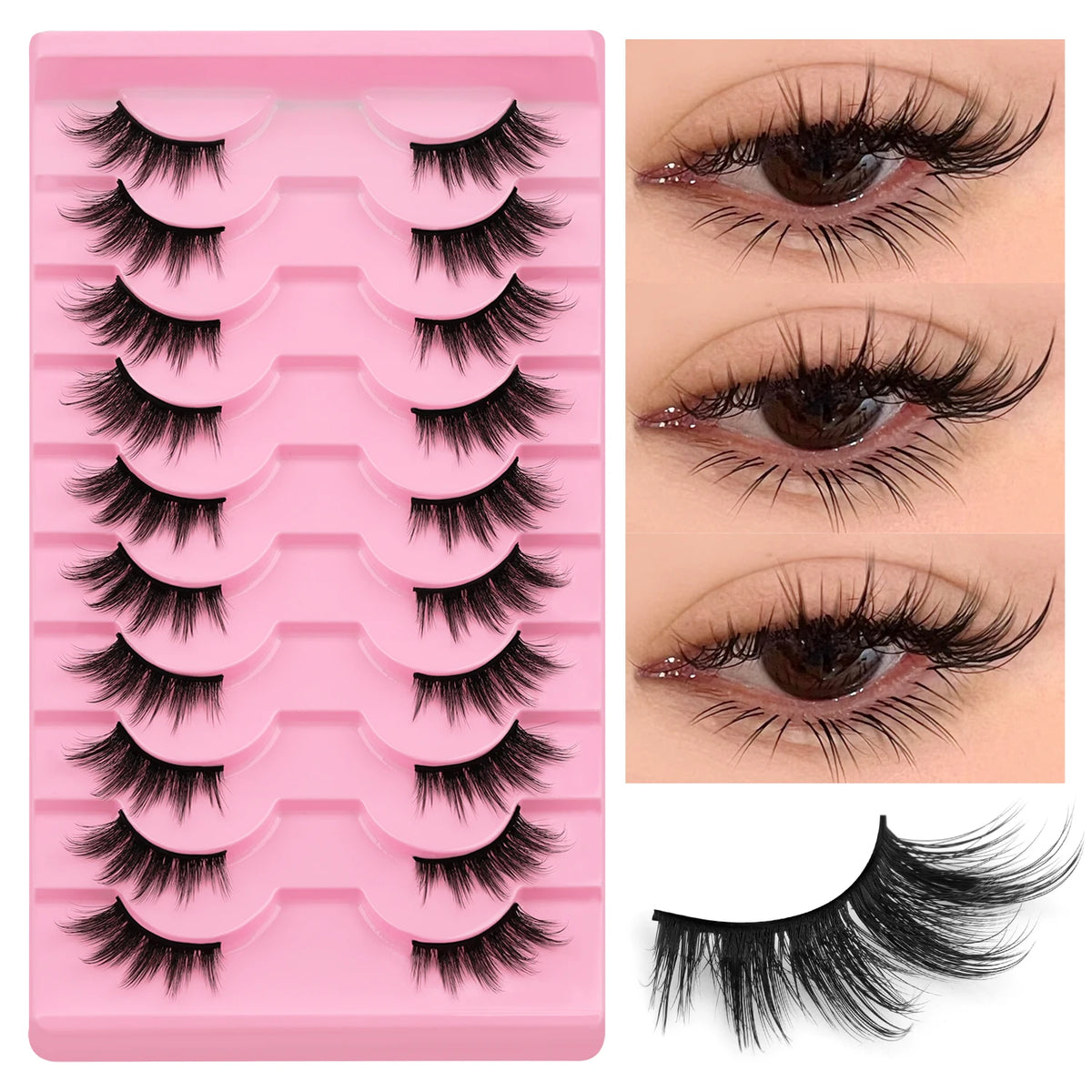 Un plateau à cils roses avec plusieurs rangées de faux cils fins et un échantillon de cils.