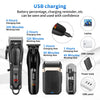 A set of HIENA cordless hair clippers and accessories including a battery, charger, and USB panel.